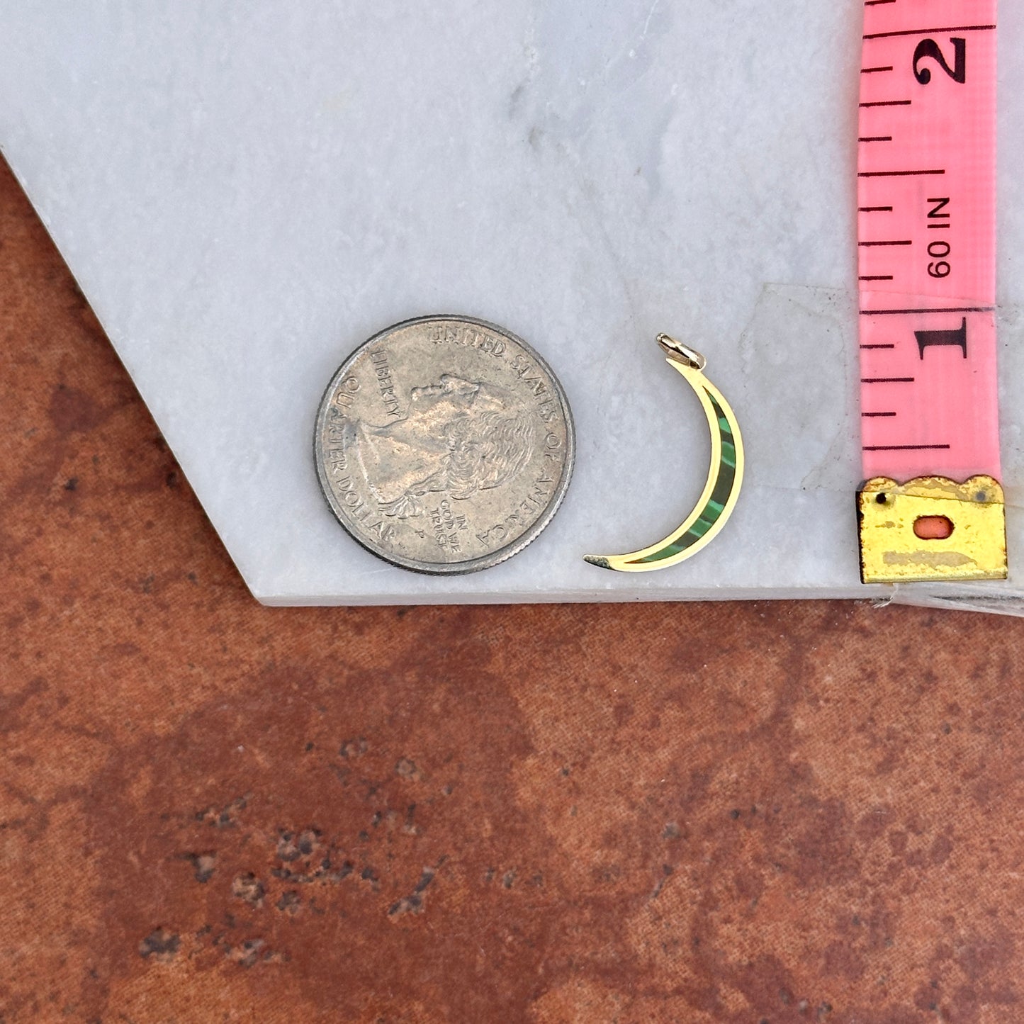 14KT Yellow Gold Skinny Malachite Crescent Moon Pendant Charm