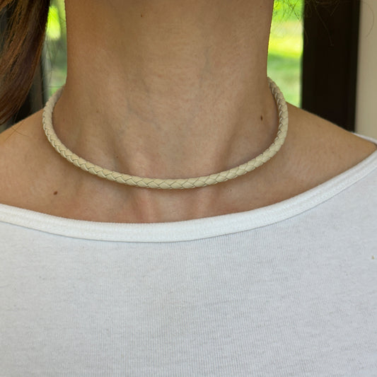 Gold-Plated Steel 5mm Beige Braided Leather Necklace - LSJ