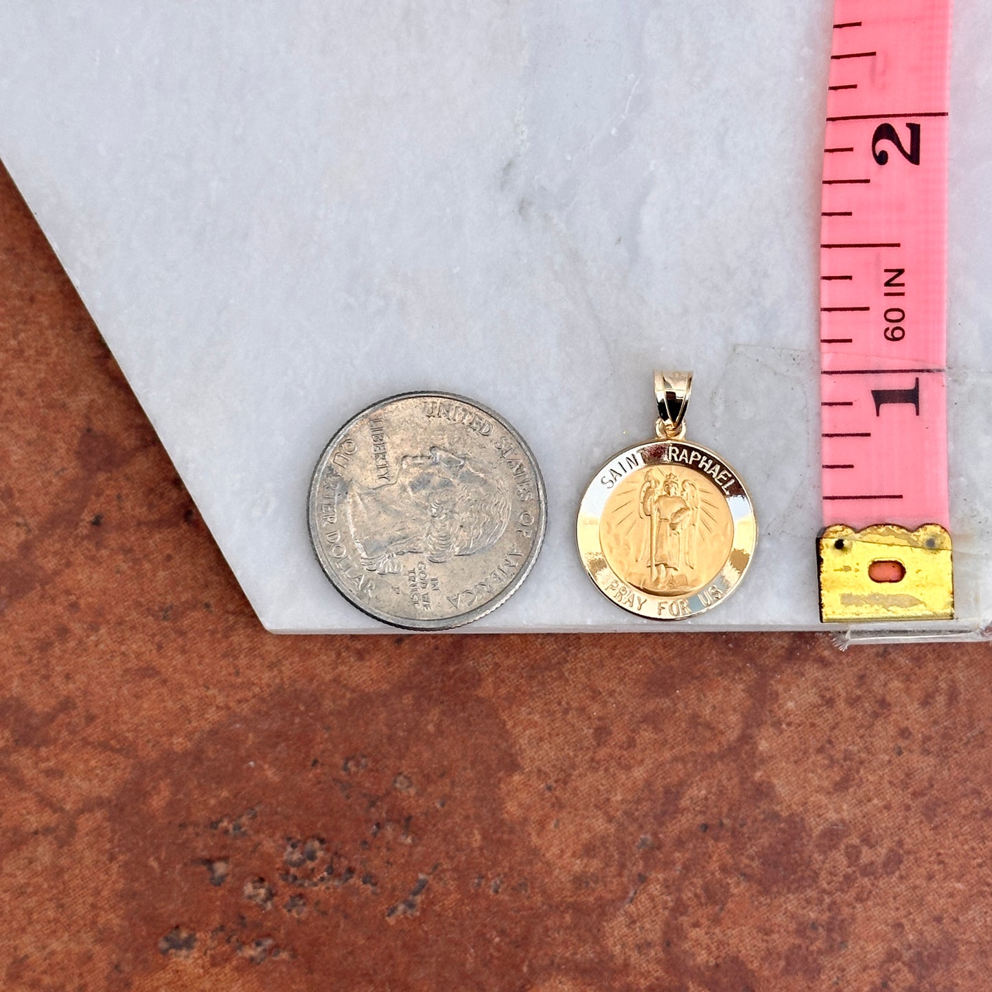 14KT Yellow Gold Satin St Raphael Round Medal Pendant 20mm