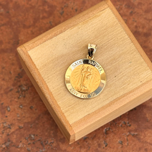 14KT Yellow Gold Satin St Raphael Round Medal Pendant 20mm