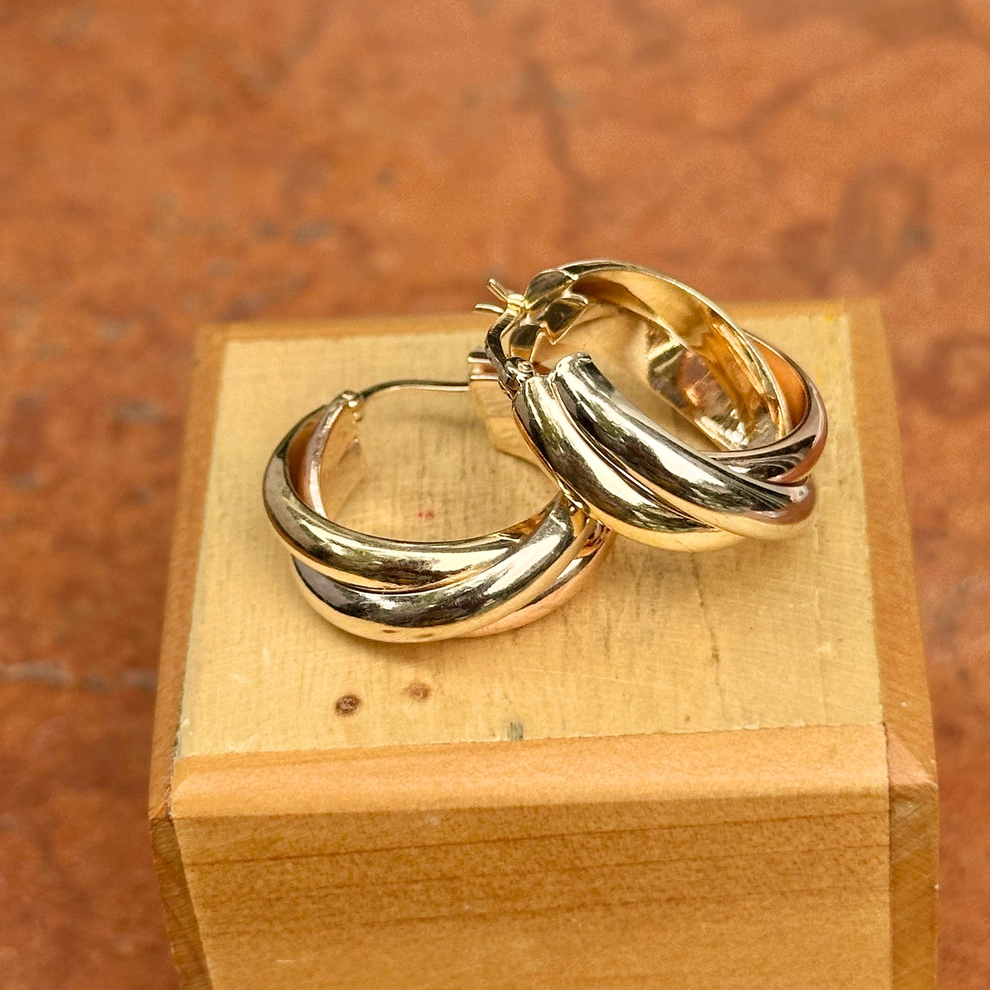Estate 14KT Rose, Whit, and Yellow Gold Twist Hoop Earrings