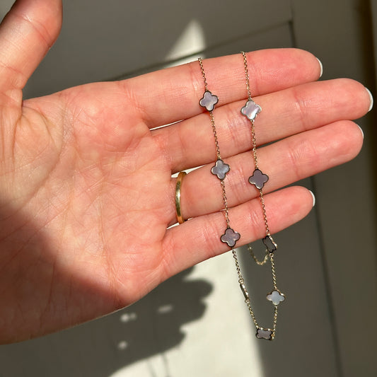 14KT Yellow Gold 7mm Mother of Pearl Clover Station Chain Necklace