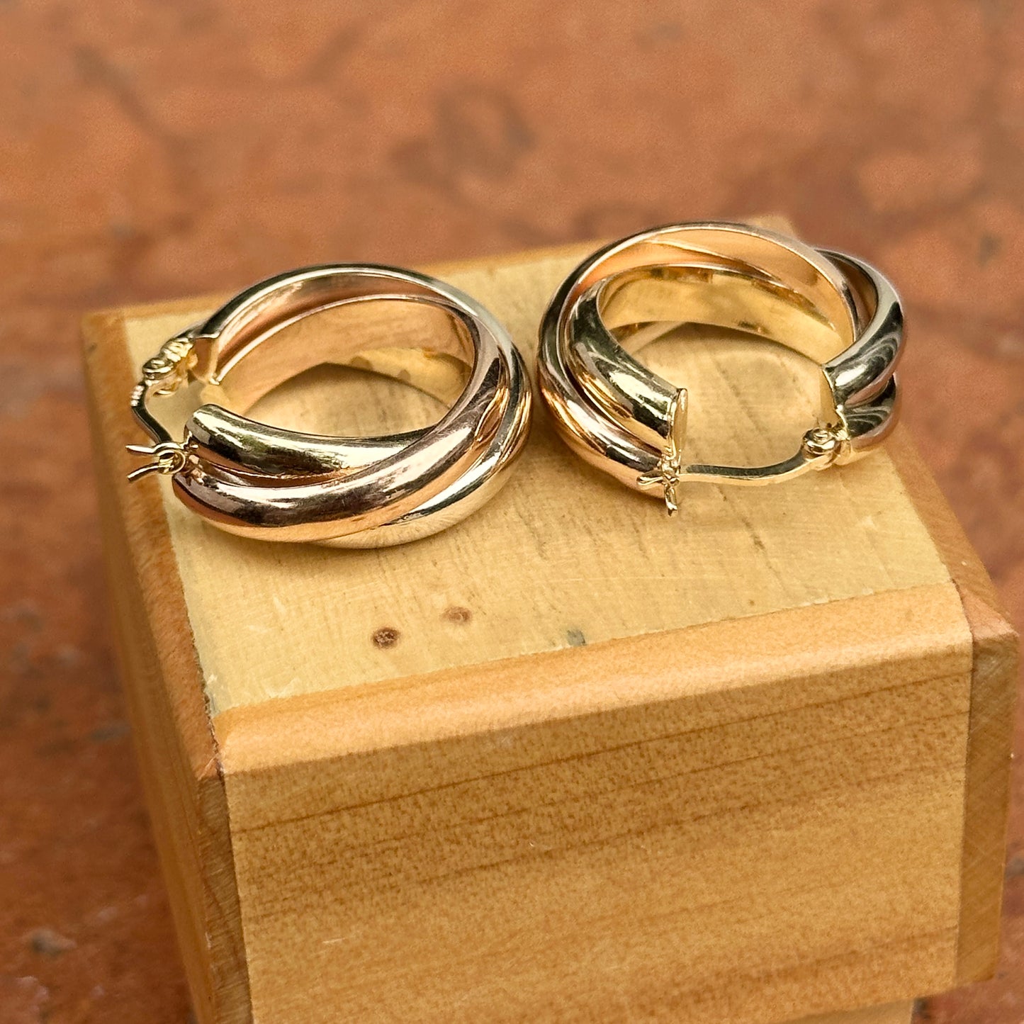 Estate 14KT Rose, Whit, and Yellow Gold Twist Hoop Earrings