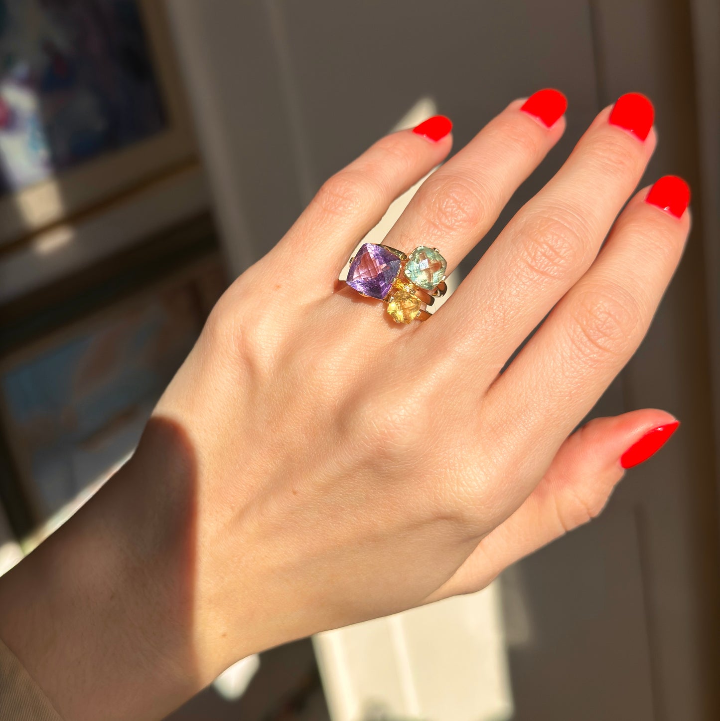 Estate 14KT Yellow Gold Faceted Purple & Green Amethyst + Citrine Interlocking Ring