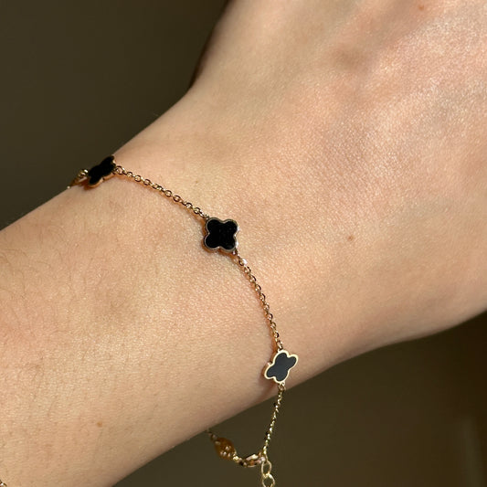 14KT Yellow Gold Black Onyx 7mm Clover Station Bracelet