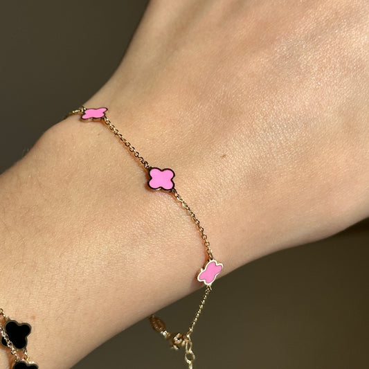 14KT Yellow Gold Pink Enamel 7mm Clover Station Bracelet