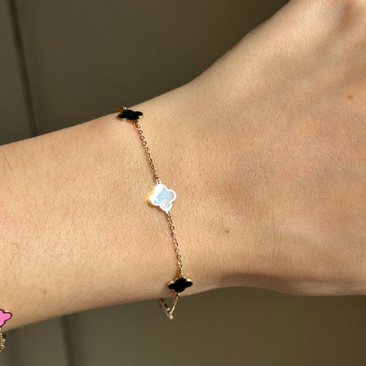 14KT Yellow Gold Black Onyx + Mother of Pearl 7mm Clover Station Bracelet