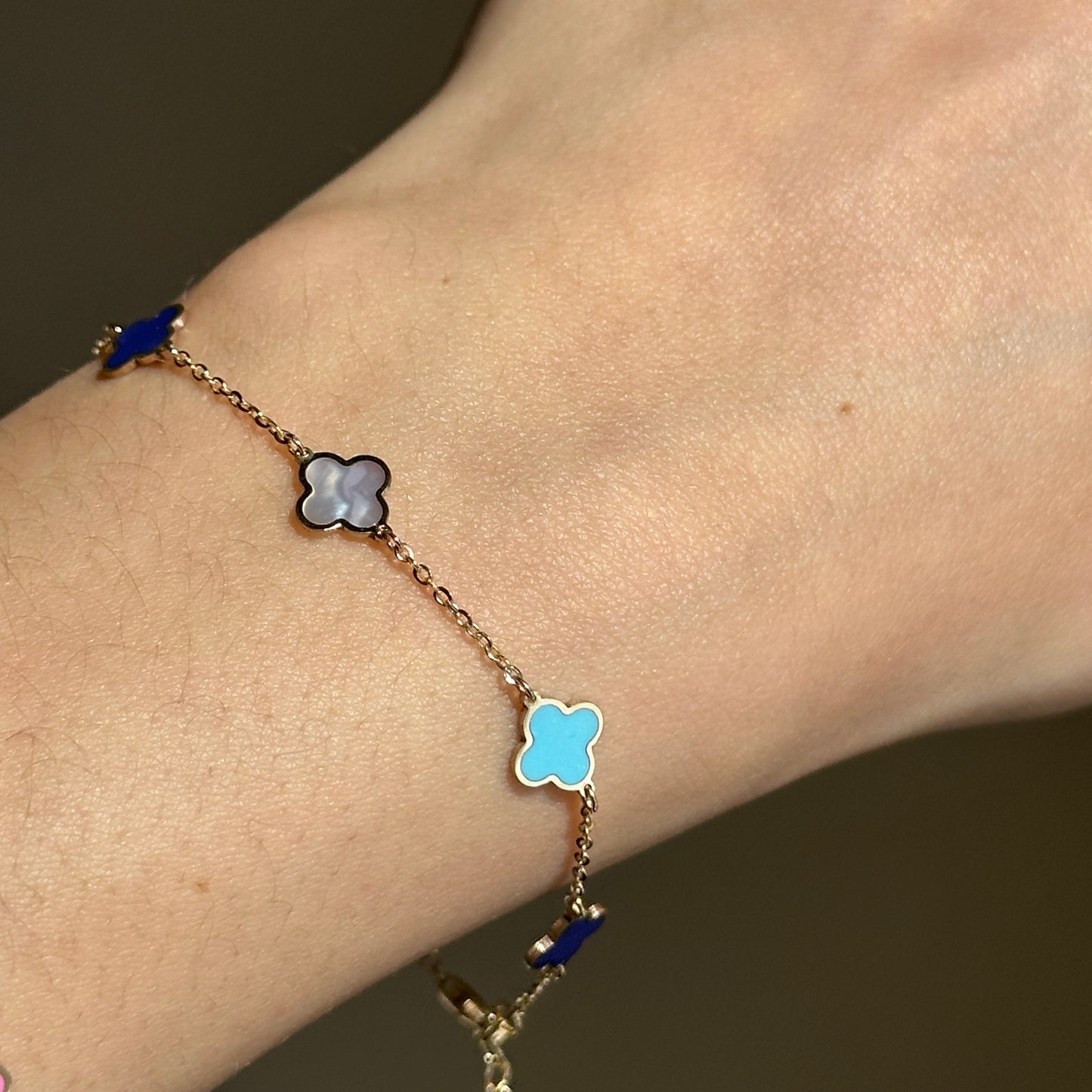 14KT Yellow Gold Turquoise, Lapis + Mother of Pearl 7mm Clover Station Bracelet