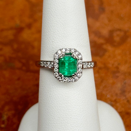 14KT White Gold Emerald-Cut Emerald Halo Diamond Ring
