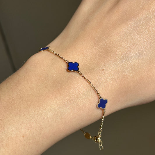 14KT Yellow Gold Blue Lapis 7mm Clover Station Bracelet