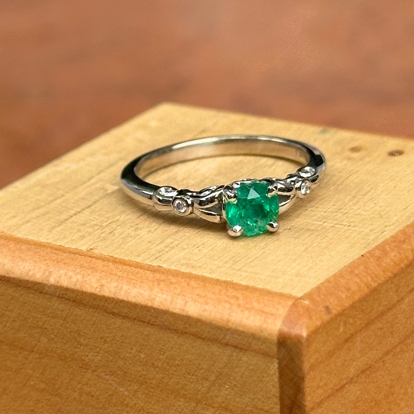 14KT White Gold Round Colombian Emerald + Diamond Accent Ring