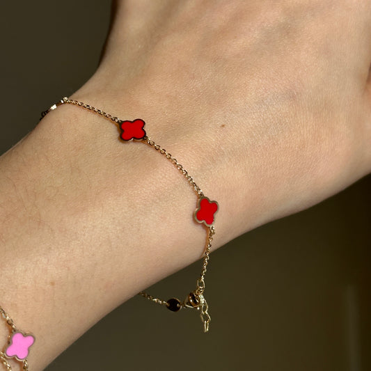 14KT Yellow Gold Red Enamel 7mm Clover Station Chain Bracelet