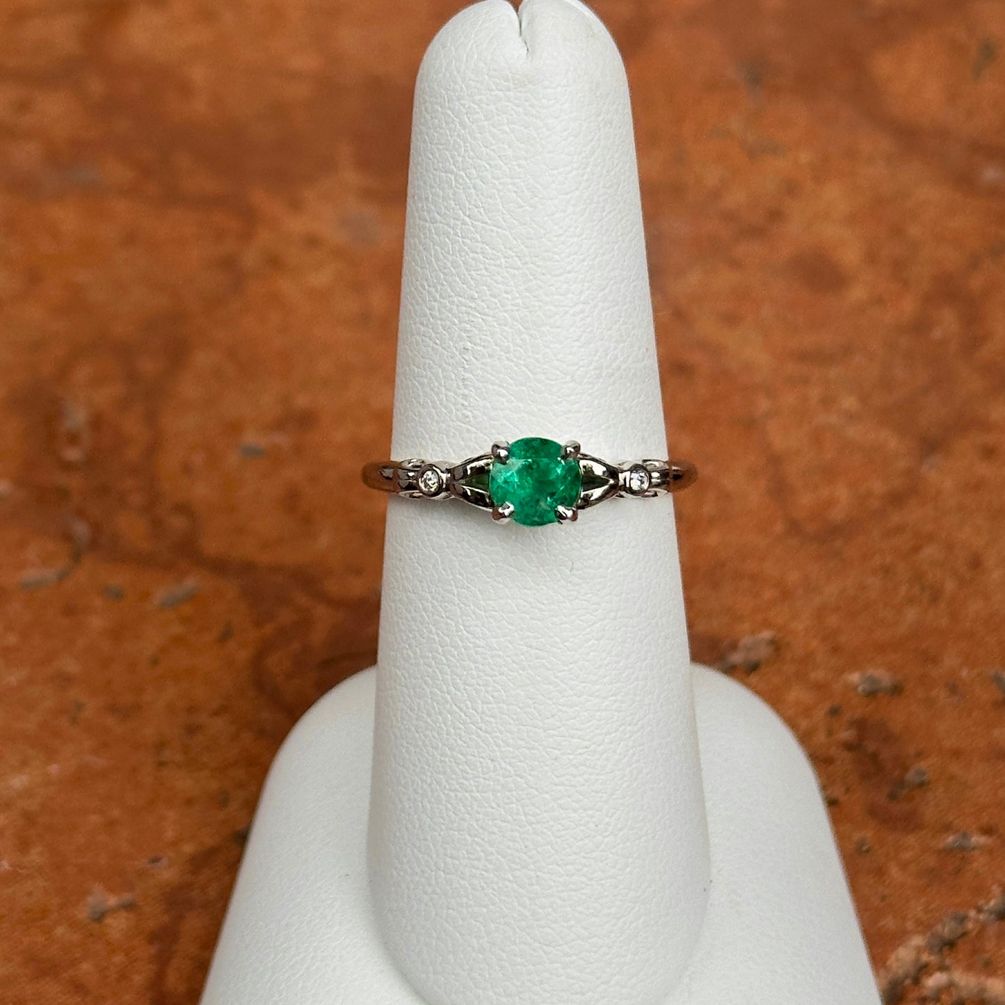 14KT White Gold Round Colombian Emerald + Diamond Accent Ring