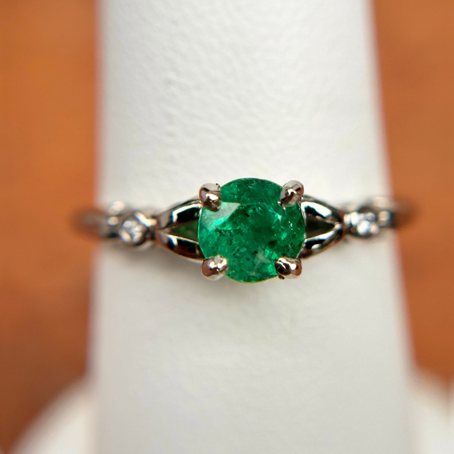 14KT White Gold Round Colombian Emerald + Diamond Accent Ring