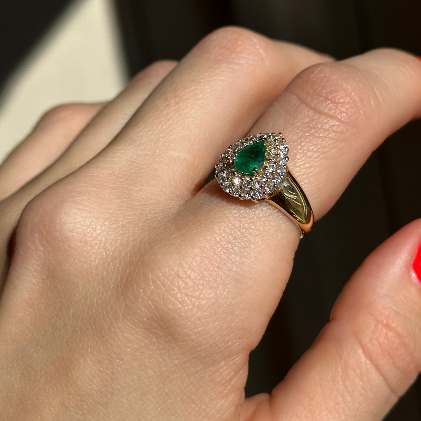 Estate 14KT Yellow Gold Pear Emerald + Double Halo Round Diamond Ring