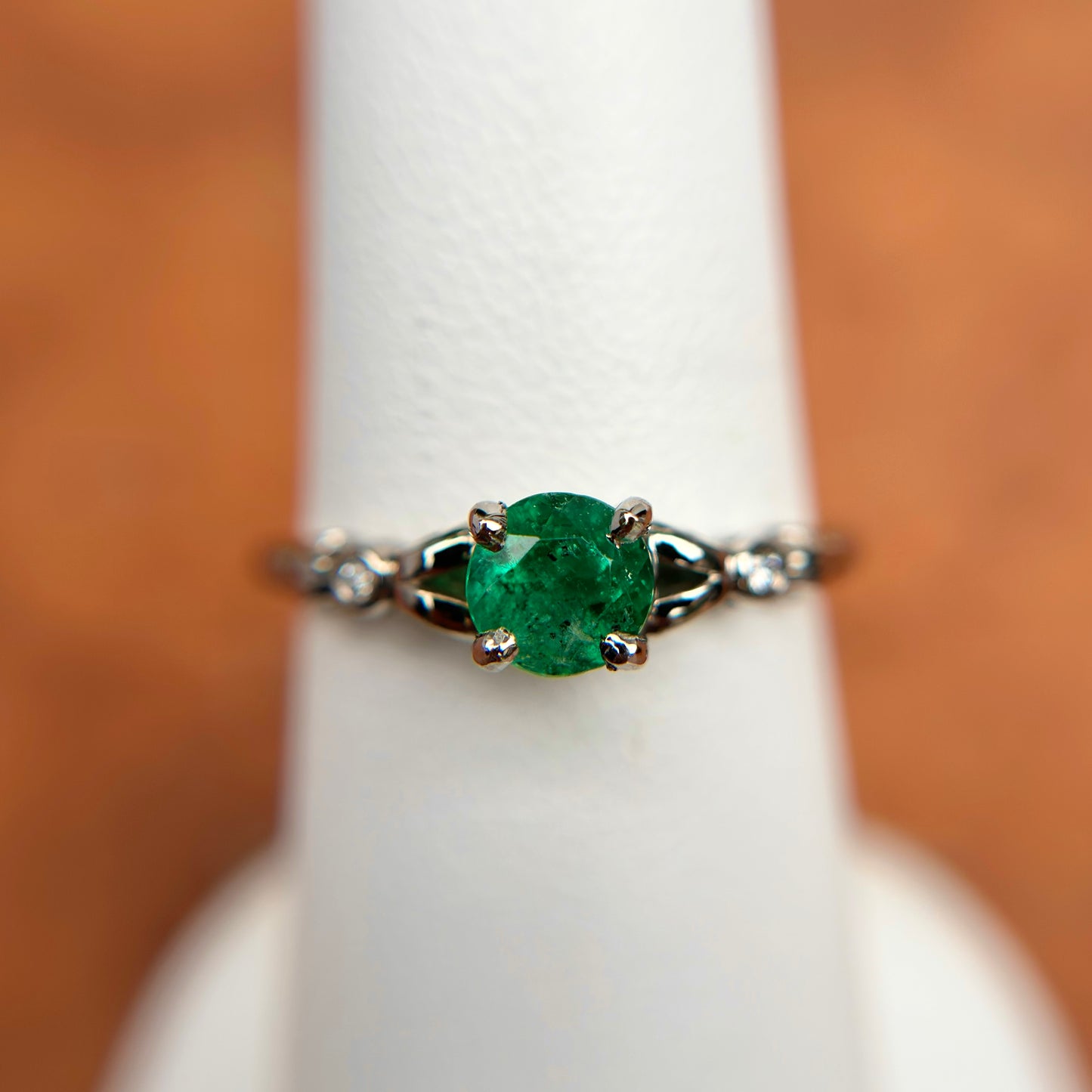 14KT White Gold Round Colombian Emerald + Diamond Accent Ring