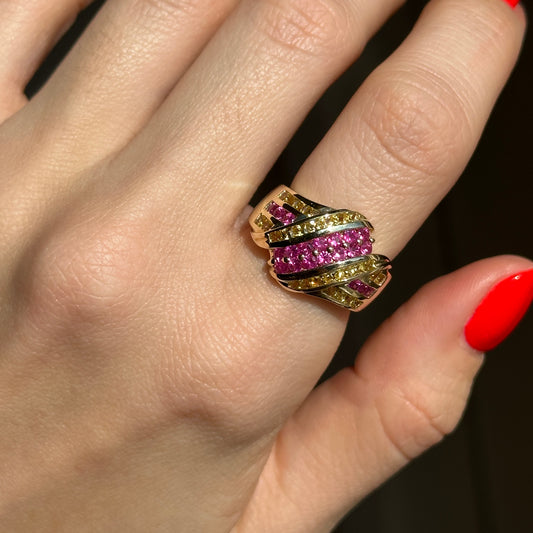 Estate 10KT Yellow Gold Round Ruby + Princess Yellow Sapphire Domed Ring - LSJ