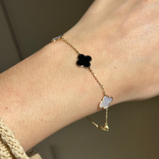 14KT Yellow Gold Black Onyx + Mother of Pearl 10mm 4 Leaf Cover Charm Chain Bracelet
