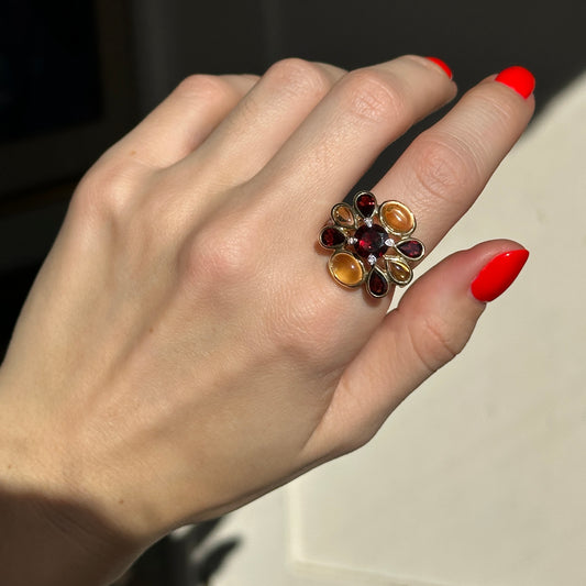 10KT Yellow Gold Citrine, Garnet and Diamond Ring