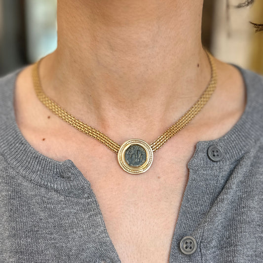 Estate 14KT Yellow Gold Antique Bronze Roman Coin Pendant Slide Bezel - LSJ