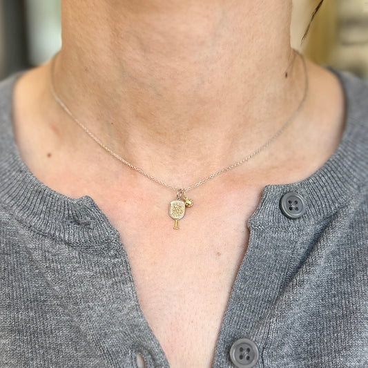 14KT Yellow & White Gold Textured 3-D Pickleball Paddle + Ball Pendant Charm Set - LSJ