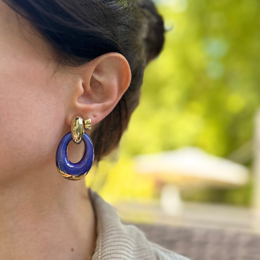 Yellow Gold Tone Pierced Omega Earrings + Oval Blue and Gold Enameled Charms
