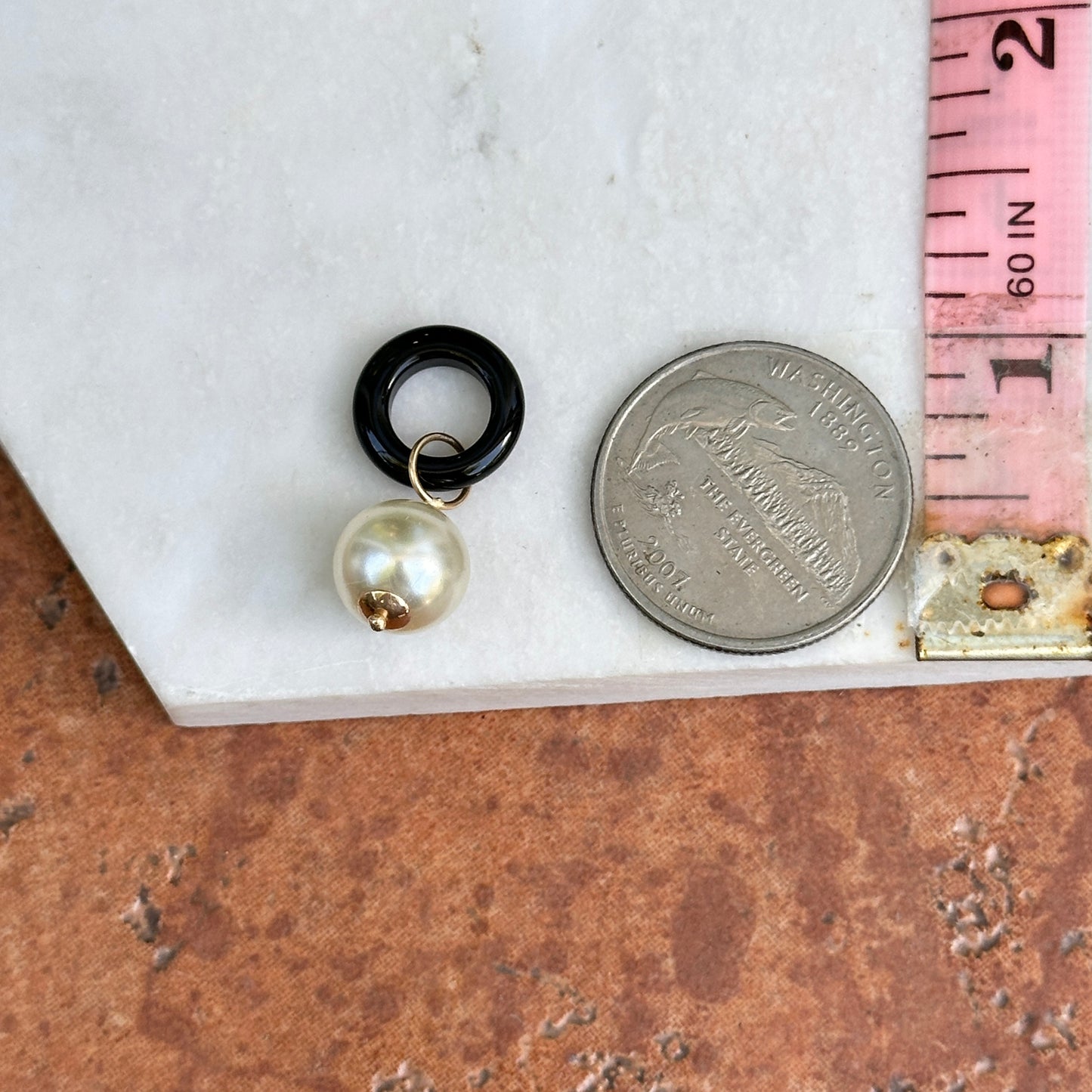 Estate Yellow Gold-Filled Circle Black Onyx + White Bead Earring Charms