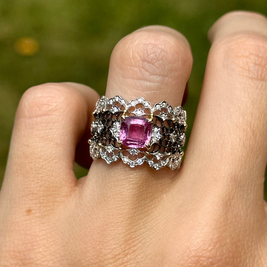 Estate 18KT White Gold Cushion Pink Sapphire + Diamond Filigree Ring