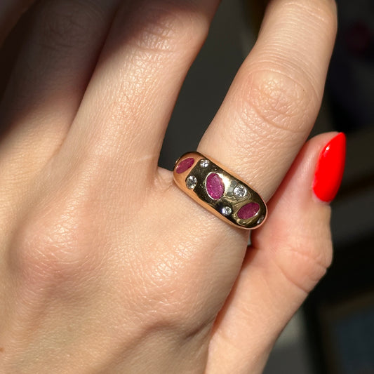 Estate 14KT Yellow Gold Rubies + Diamonds Gypsy Set Domed Band Ring - LSJ