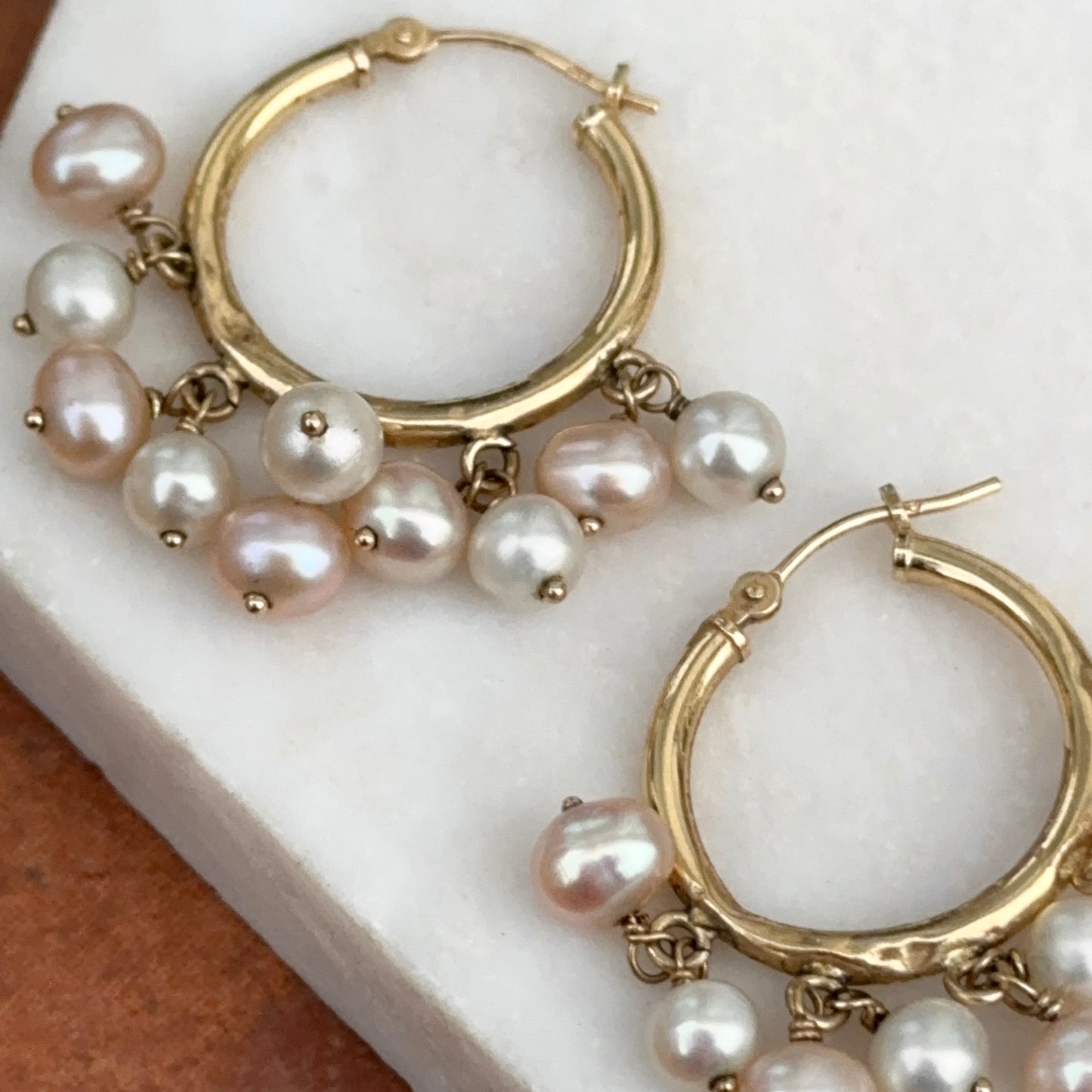 Estate 14KT Yellow Gold Hoop Earrings + Freshwater Pearl Dangles