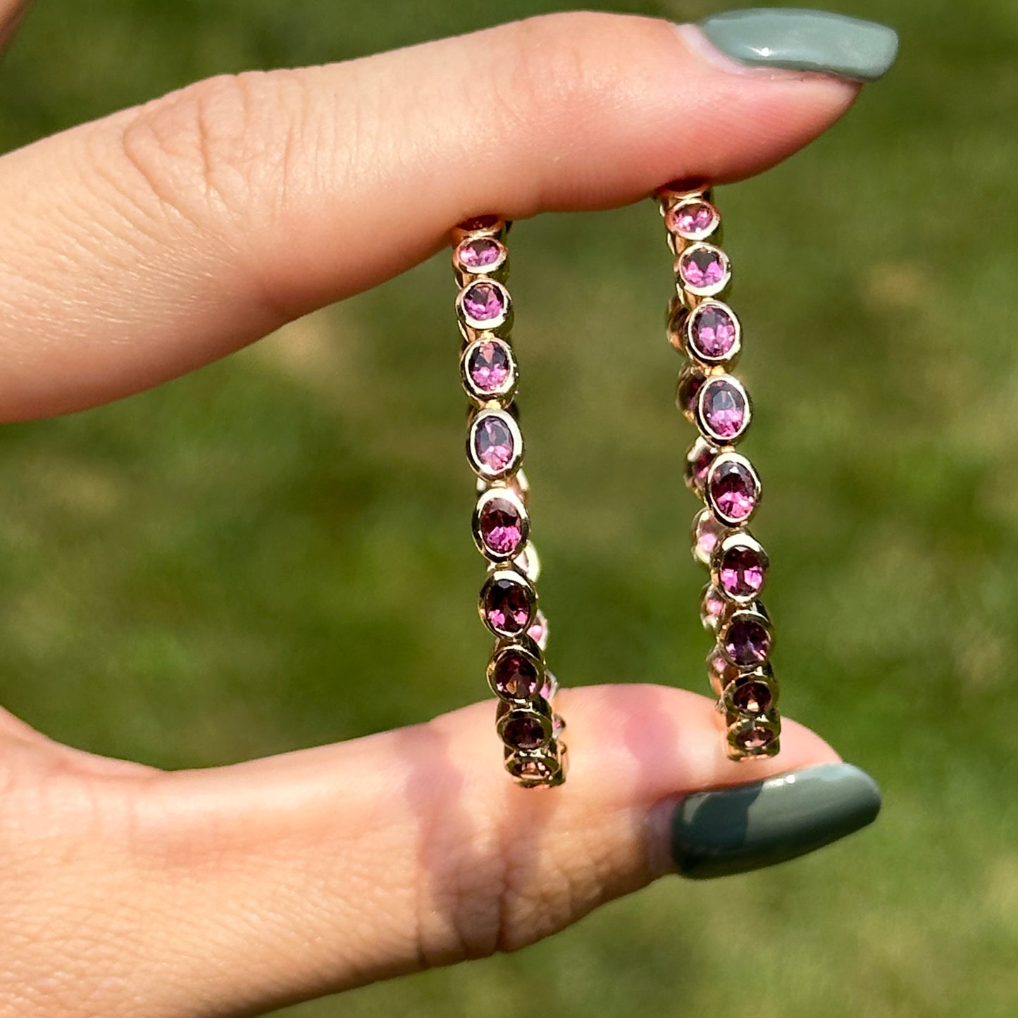 Estate 18KT Yellow Gold Bezel Pink Tourmaline Hoop Earrings
