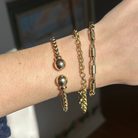 Estate 14KT Yellow Gold Chain Ball Cap End Open Cuff Bracelet
