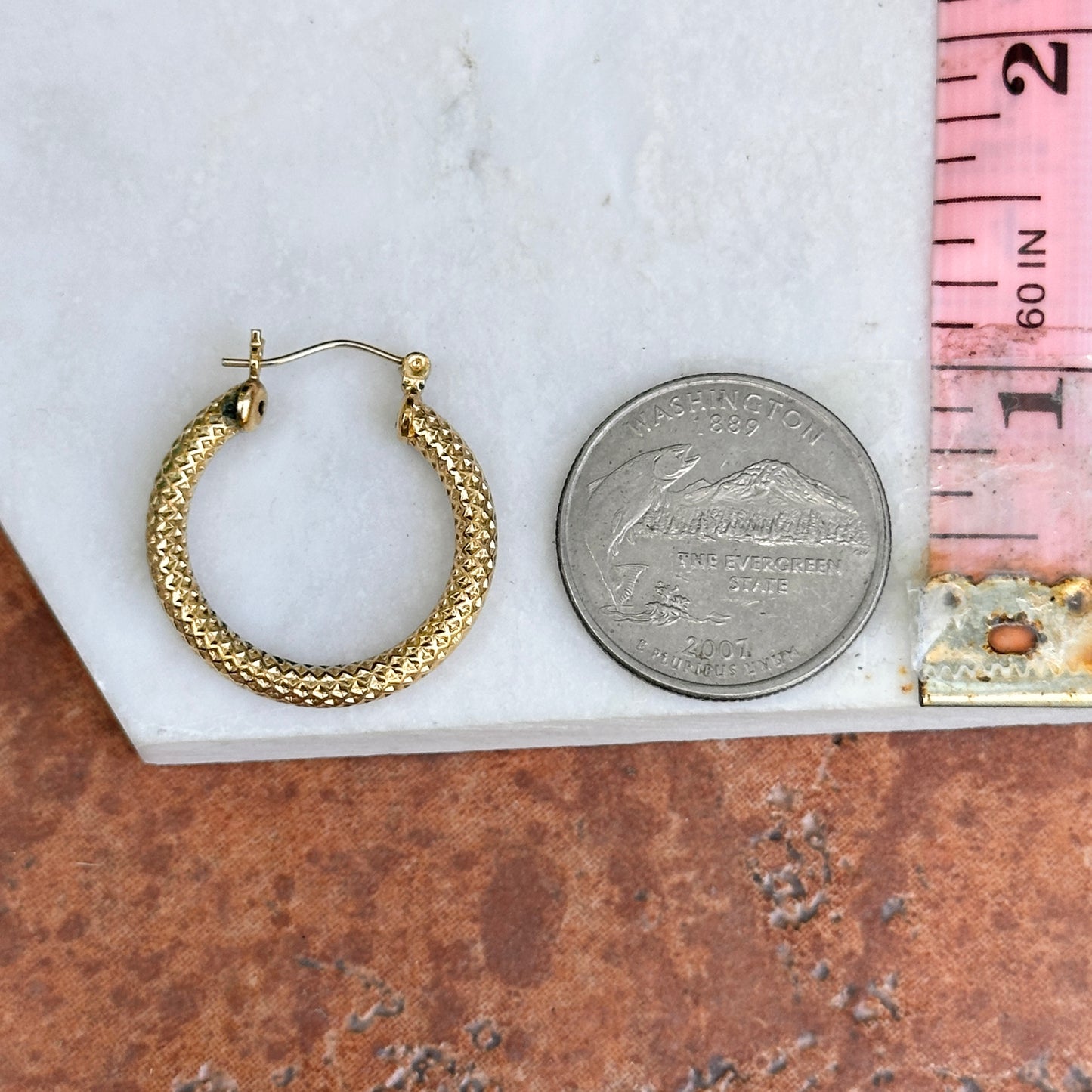 Estate Yellow-Gold Filled Textured Round Hoop Earrings