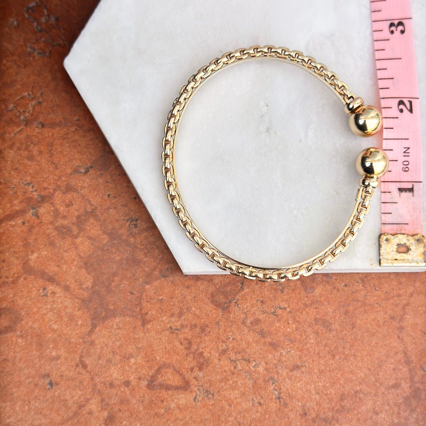 Estate 14KT Yellow Gold Chain Ball Cap End Open Cuff Bracelet