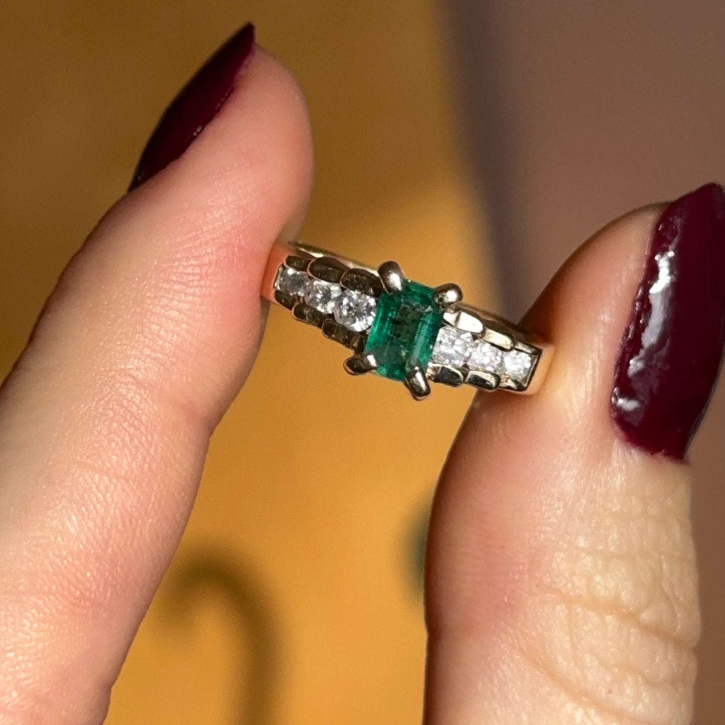 Estate 14KT Yellow Gold Emerald-Cut Faceted Emerald + 6 Round Diamond Ring