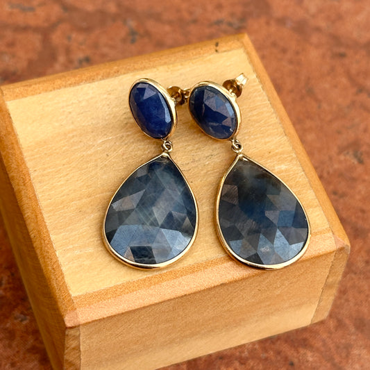 Estate 14KT Yellow Gold Oval Faceted + Pear Teardrop Blue Sapphire Dangle Drop Earrings - LSJ