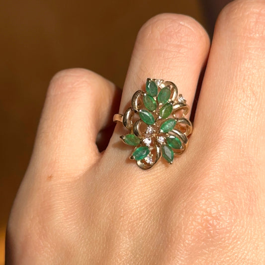 Estate 14KT Yellow Gold Pear Colombian Emerald + Diamond Cluster Cocktail Ring