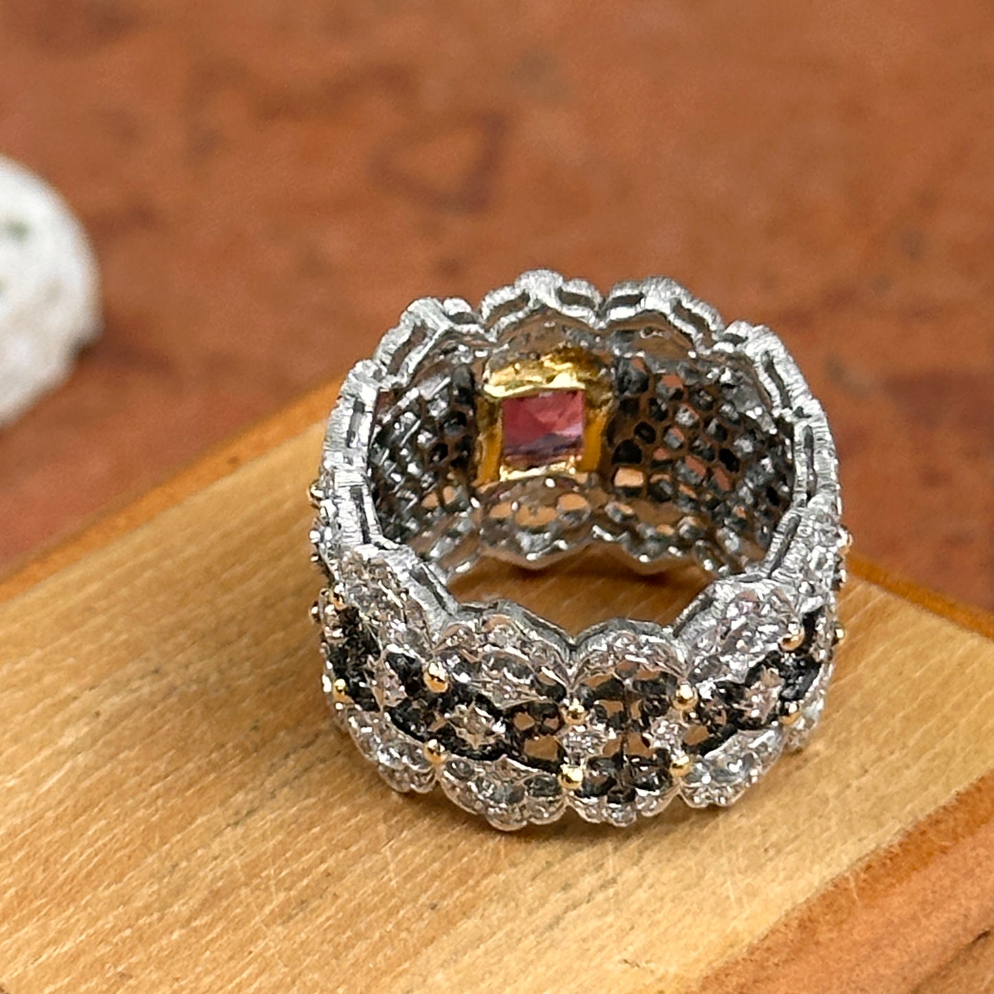 Estate 18KT White Gold Cushion Pink Sapphire + Diamond Filigree Ring