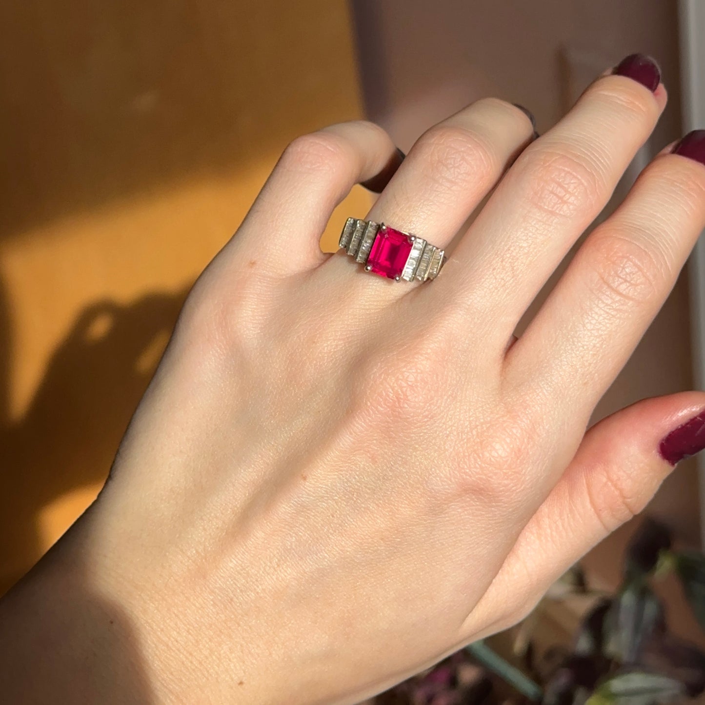 Estate 14KT Yellow Gold Emerald-Cut Lab Ruby + Baguette Diamond Accent Ring