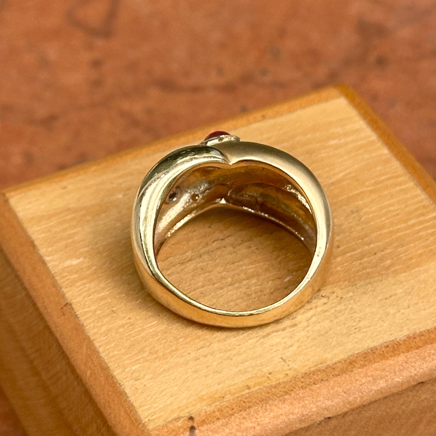 Estate 14KT Yellow Gold Oval Ruby + Diamond Matte Dome Ring