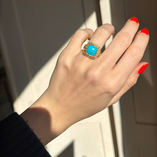 14KT Yellow Gold Sleeping Beauty Turquoise Cabochon Byzantine Ring 4.5 - LSJ