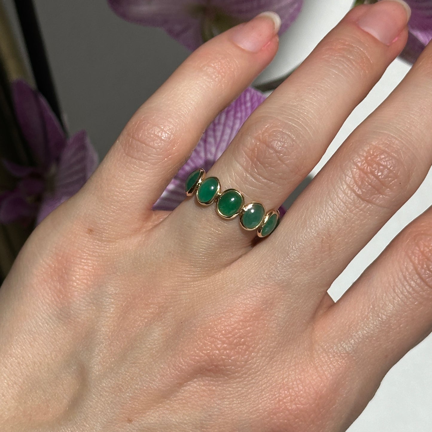 18KT Yellow Gold Cabochon 4.95 CT Oval Emerald Eternity Band Ring