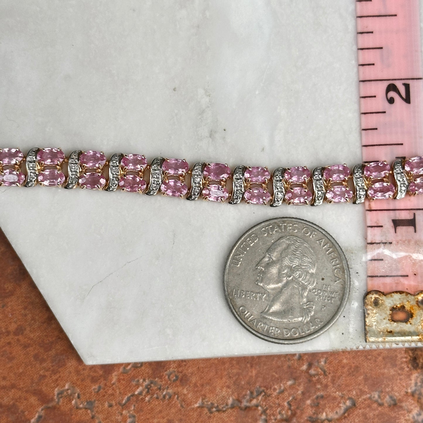 Estate 14KT Yellow Gold Pink Sapphire + Diamond Tennis Bracelet