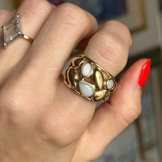 Estate 14KT Yellow Gold Opal + Moonstone Statement Cigar Band Ring Adjustable