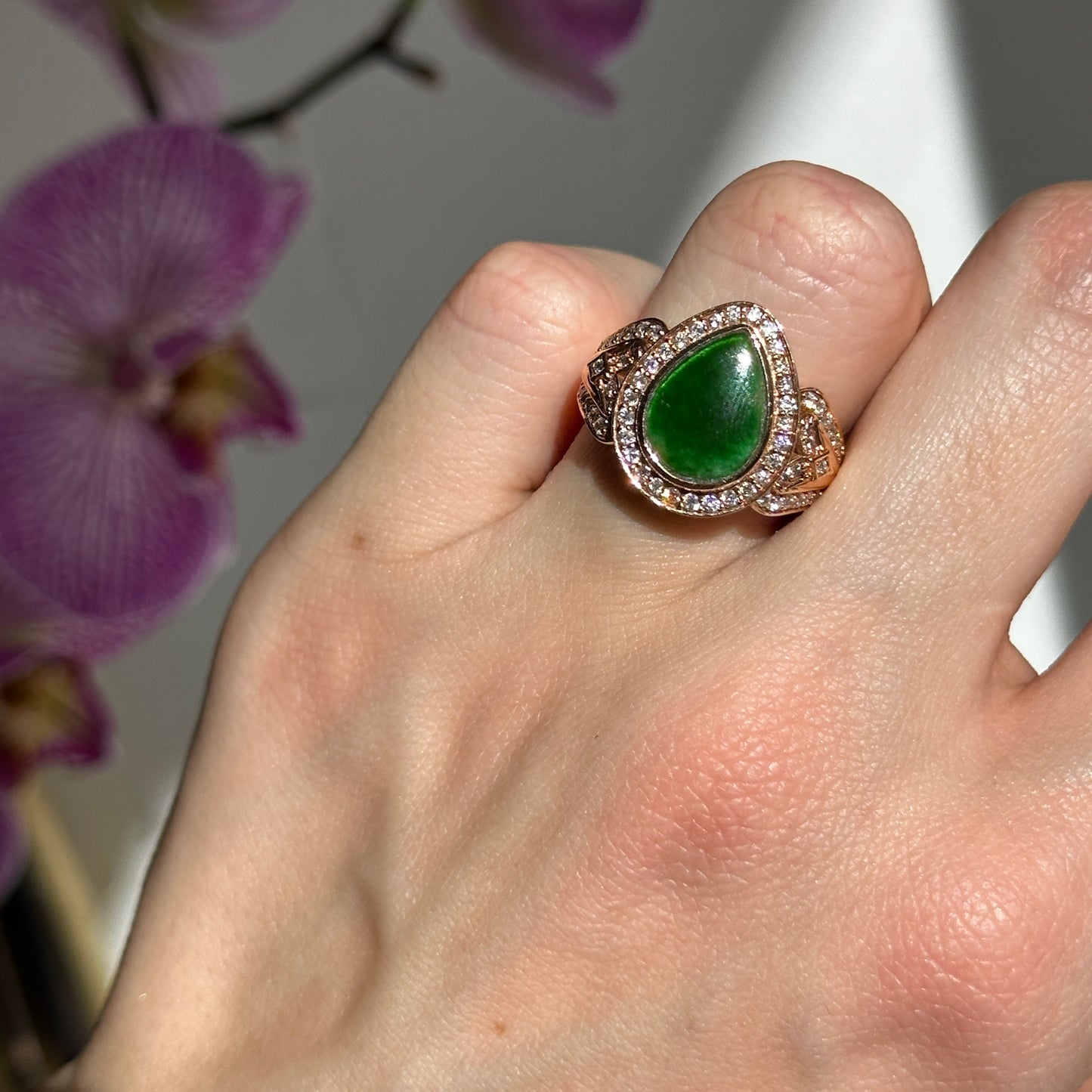 Estate 18KT Rose Gold Green Jade + Diamond Halo Ring