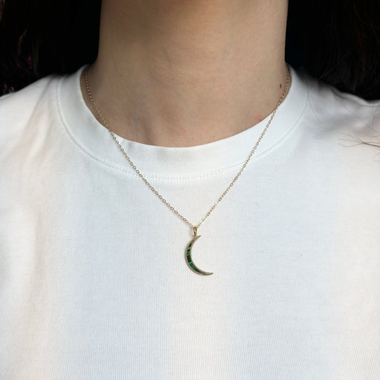 14KT Yellow Gold Skinny Malachite Crescent Moon Pendant Charm