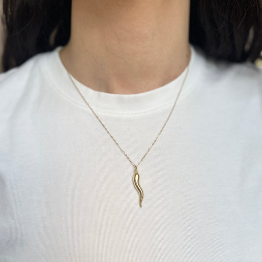 14KT Yellow Gold Italian Horn Corno Pendant Charm 29mm