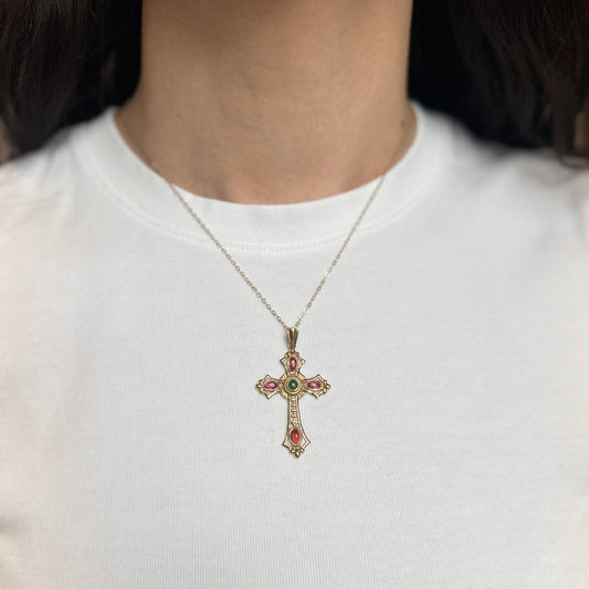Estate 14KT Yellow Gold Byzantine Filigree Ruby + Emerald Cross Pendant
