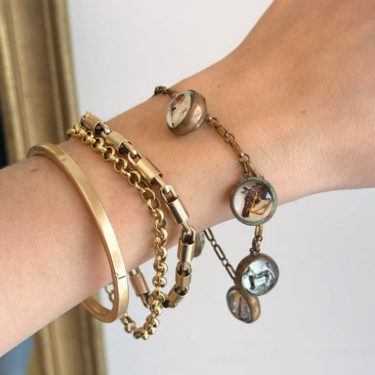 Estate Antique Patina’d Brass Painted Horse Sailboat Dog Jockey Glass Bracelet 7.5” - LSJ