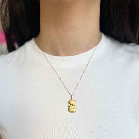 14KT Yellow Gold Matte Mother + Baby Rectangle Pendant Medal